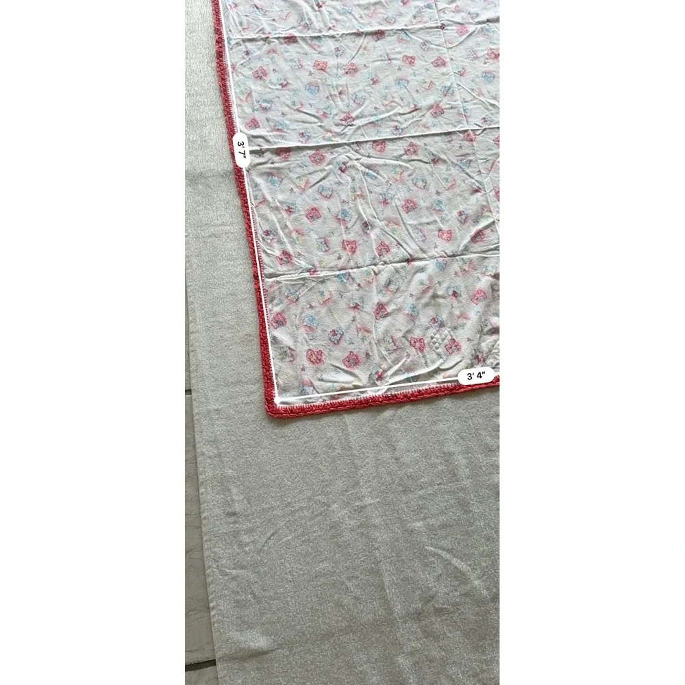 Vintage Baby Blanket Teddy Bear Print Red Crochet Trim 43x40